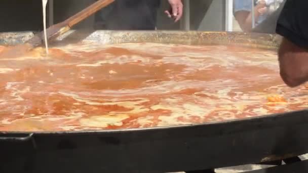 Adding Ingredients Rice Paella Big Paella Pan — Stock Video