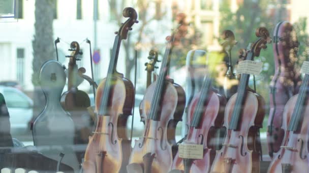 Violins Instruments Music Storefront Window Shop — Vídeos de Stock