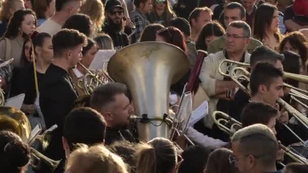 带着管乐器的乐队在圣周行军 棕榈星期日 Velez Malaga Andalusia 西班牙 — 图库视频影像