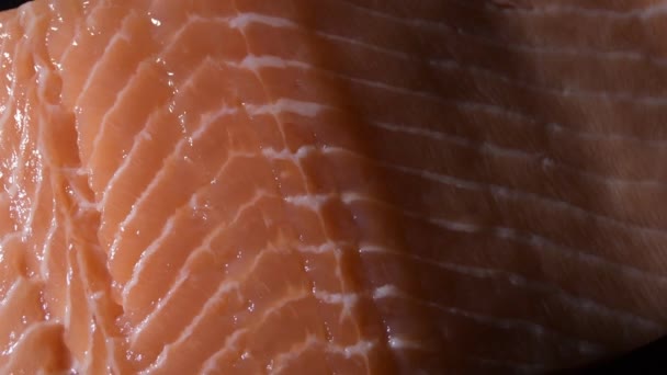 Pink Raw Salmon Fillet Steak Intimate Light Detail — Stock video