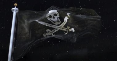 Pirate Flag Waving with rain and snow in the night. Loop