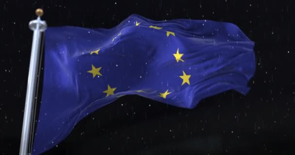 Σημαία Της Ευρώπης Κυματίζει Βροχή Και Χιόνι Νύχτα Βρόχος — Αρχείο Βίντεο