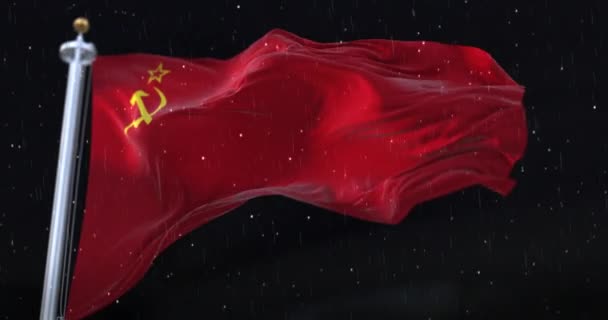 Soviet Union Flag Waving Rain Snow Night Loop — стоковое видео