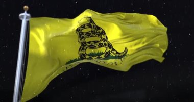 Don't Tread On Me Gadsden Flag Waving with rain and snow in the night. Loop