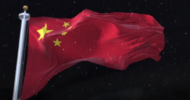 Bandeira China Acenando Com Chuva Neve Noite Laço — Vídeo de Stock