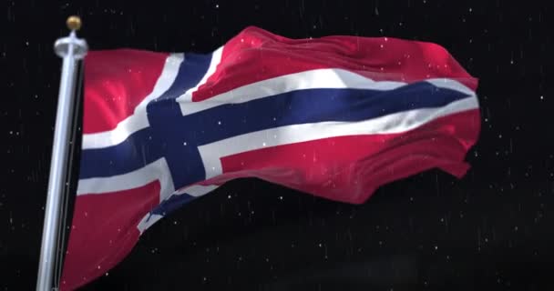 Noorwegen Vlag Zwaaien Met Regen Sneeuw Nacht Lijn — Stockvideo