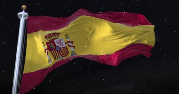 Spain Flag Waving Rain Snow Night Loop — стоковое видео