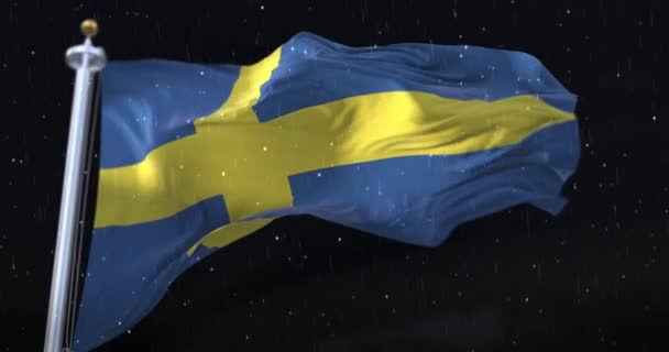 Шведский Флаг Машет Дождём Снегом Ночью Петля — стоковое видео