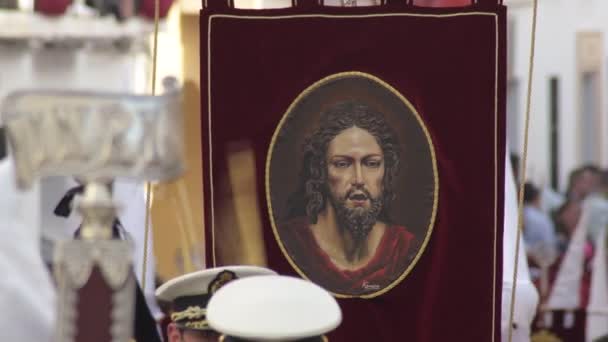 Bannière Avec Image Jésus Christ Peinte Dans Une Procession Semaine — Video