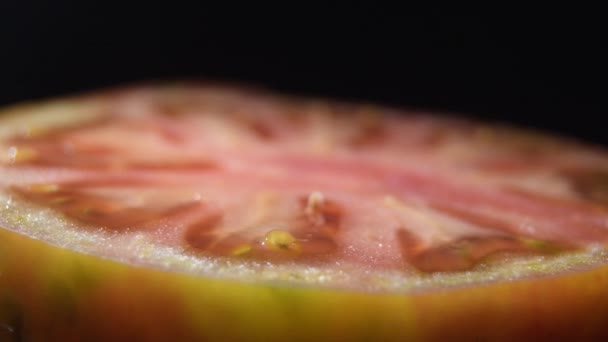 Tomato Cutted Gyrating Black Background — Stock video