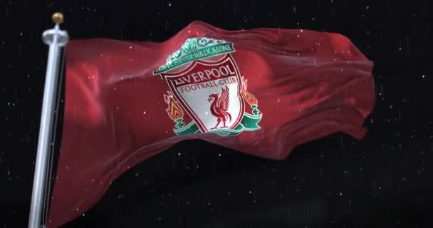利物浦足球俱乐部的旗帜在夜里飘扬着 下着雨和雪 — 图库视频影像