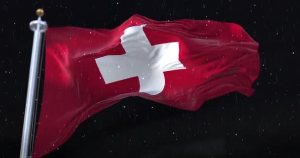 Флаг Швейцарии Ночью Размахивающий Дождем Снегом Петля — стоковое видео