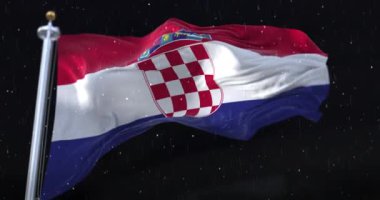 Croatia Flag Waving with rain and snow in the night. Loop