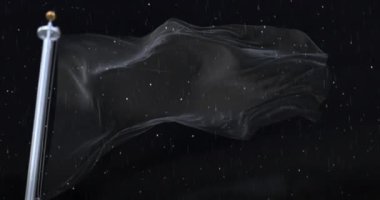 Black Flag Waving with rain and snow in the night. Loop