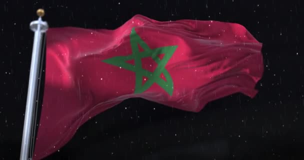 Bandera Marruecos Ondeando Con Lluvia Nieve Noche Bucle — Vídeos de Stock