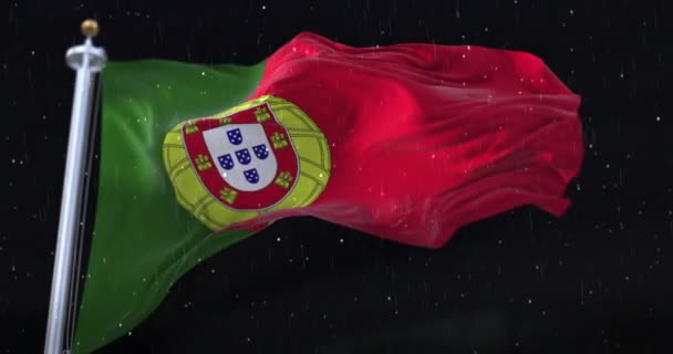 Portugal Flag Waving Rain Snow Night Loop — стоковое видео