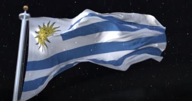 Uruguay Flag Waving with rain and snow in the night. Loop