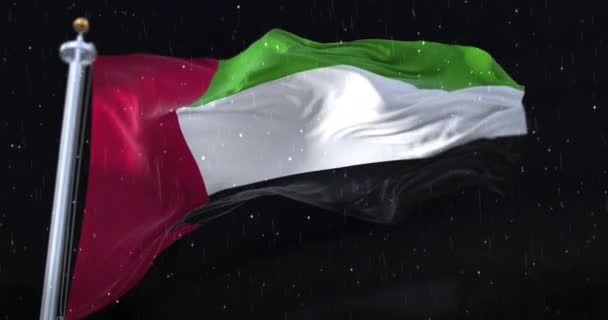 Флаг Объединённых Арабских Эмиратов Ночью Размахивающий Дождем Снегом Петля — стоковое видео