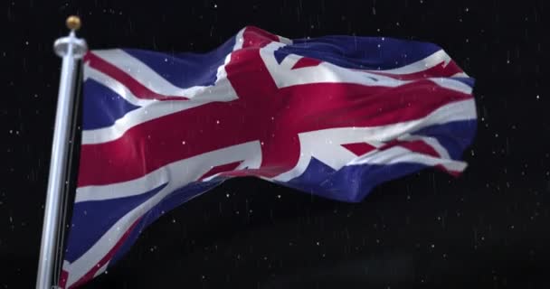 United Kingdom Flag Waving Rain Snow Night Loop — Stock Video