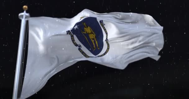Bandiera Dello Stato Americano Del Massachusetts Con Pioggia Nella Notte — Video Stock