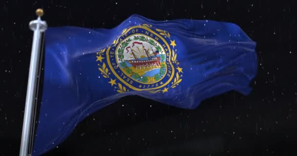 Flagge Des Amerikanischen Bundesstaates New Hampshire Mit Regen Der Nacht — Stockvideo