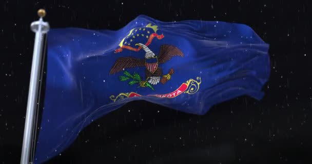 Flagge Des Amerikanischen Bundesstaates North Dakota Mit Regen Der Nacht — Stockvideo