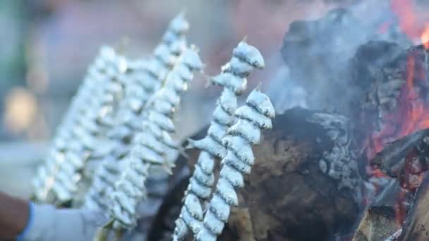 Ogień Drewnianych Kłodach Palenie Grilla — Wideo stockowe