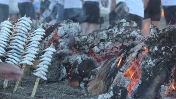 Espeteros Putting Espetos Sardines Skewers Fire Wooden Logs — Vídeo de stock