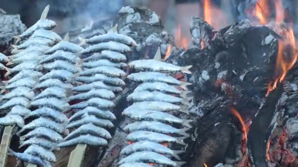 Espeteros Putting Espeto Fire Wooden Logs — Stock Video