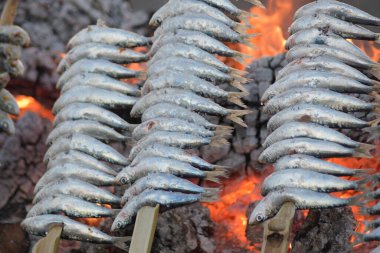 Izgarada ızgara yapan tipik sardalya espetoları.