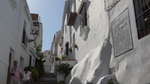 People Walking White Andalusian Street Frigiliana Spain — Stockvideo