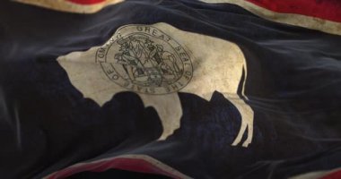 Old Wyoming State Flag waving at wind. Loop