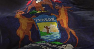 Old flag of american state of Michigan, United States, waving at wind. Loop