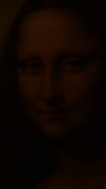 Gioconda o Mona Lisa 'nın yüzü aydınlandı, içeri ve dışarı soldu. Dikey. 4K