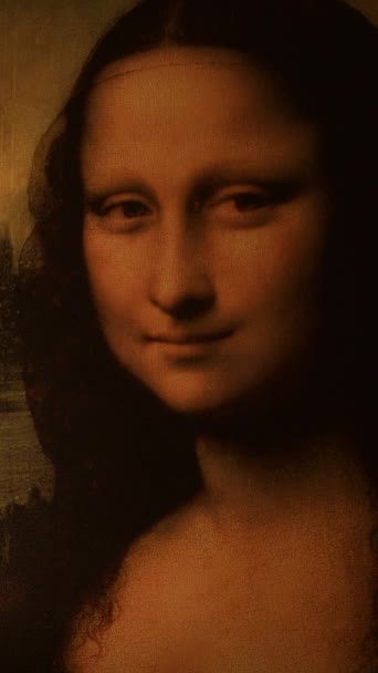 Ansiktet Gioconda Mona Lisa Upplyst Blekna Och Kom Igen Vertikalt — Stockvideo