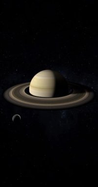 Mimas uydusu Satürn gezegeninin etrafında dönüyor. 4K Dikey