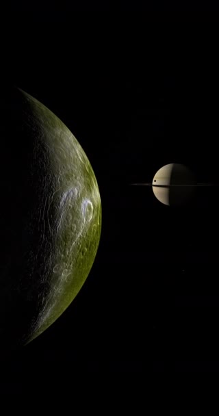 Satelliet Dione Draait Mimas Saturnus Planeet — Stockvideo