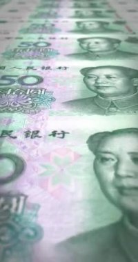50 Renminbi Çin parası, nakit para, döngü. 4K Dikey