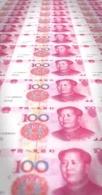 100 Renminbi Çin parasının banknotları, nakit para, döngü. 4K Dikey
