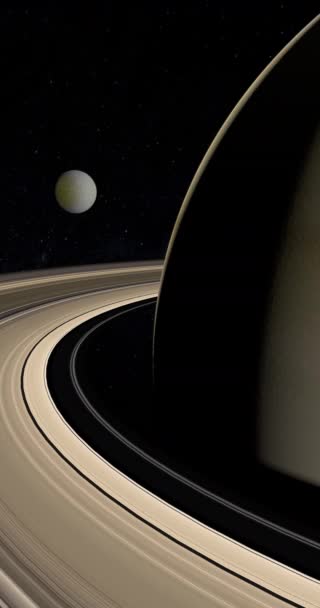 Satélite Rhea Orbitando Alrededor Del Planeta Saturno Vertical — Vídeos de Stock