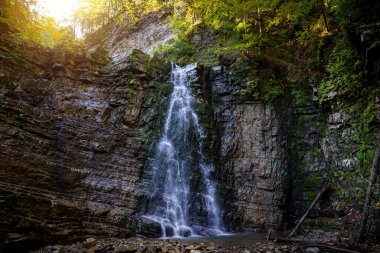 Karpat dağlarındaki kanyon arasında güzel bir şelale. Manyavsky Şelalesi. 