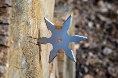 Shuriken (fırlatma yıldızı), geleneksel Japon Ninja soğuk silahı ahşap arka planda sıkışmış