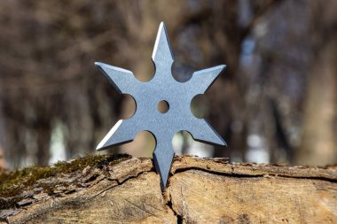 Shuriken (fırlatma yıldızı), geleneksel Japon Ninja soğuk silahı ahşap arka planda sıkışmış