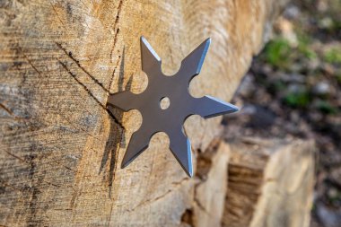 Shuriken (fırlatma yıldızı), geleneksel Japon Ninja soğuk silahı ahşap arka planda sıkışmış