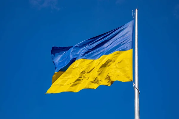 Bandera Ucrania Sobre Fondo Cielo Azul Bandera Más Grande Ucrania — Foto de Stock