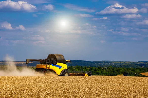 Olgun buğday hasat eden hasatçıyı birleştirin. Savaş sırasında Ukrayna 'da hasat ve tahıl için dünya krizi..
