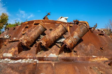 Destroyed military equipment of Russia in the war with Ukraine. Burnt Russian tank.