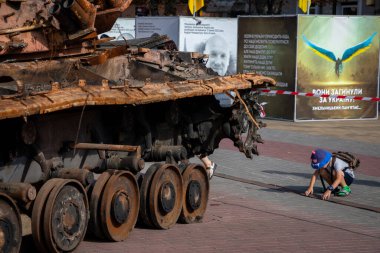 Ukraine. Khmelnytskyi August 24, 2022. Destroyed military equipment of Russia in the war with Ukraine on parade before Independence Day.