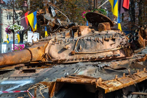 Destroyed military equipment of Russia in the war with Ukraine. Burnt Russian tank.