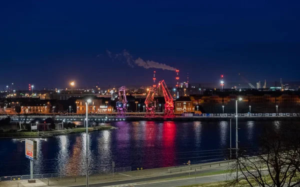 Three Old Port Cranes Colourfully Illuminated Night River Odra Boulevard — Stock Photo, Image